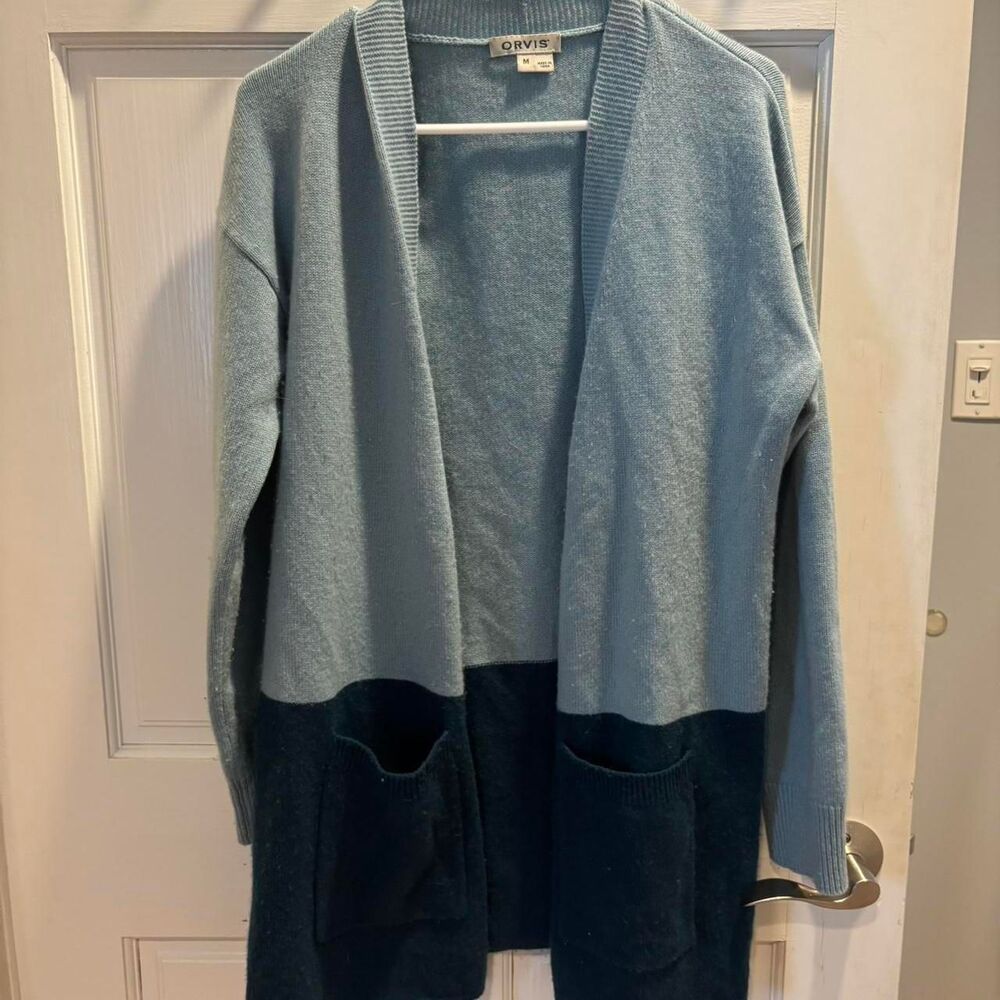 Orvis Women's Blue 100% Cashmere Cardigan Size M Boho Coastal Grandmother